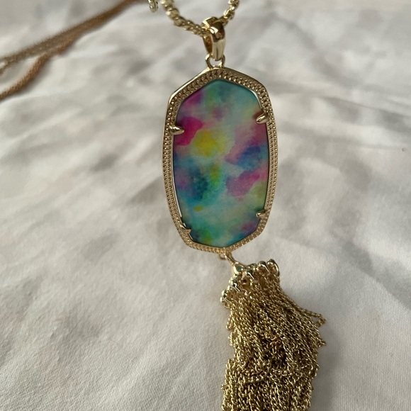 Kendra Scott Rayne Multi Color Glass Gold Pendant Necklace Gold Long Chain - Picture 5 of 6